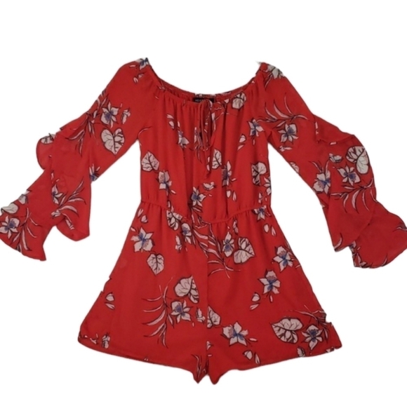 Heart Soul~Size L~Red White Blue Print Floral Long Sleeve Romper NWT - Picture 8 of 11